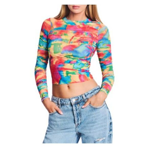 SER.O.YA Tops - SER.O.YA Womens Red Ruched Fitted Printed Long Sleeve Crew Neck Crop Top S